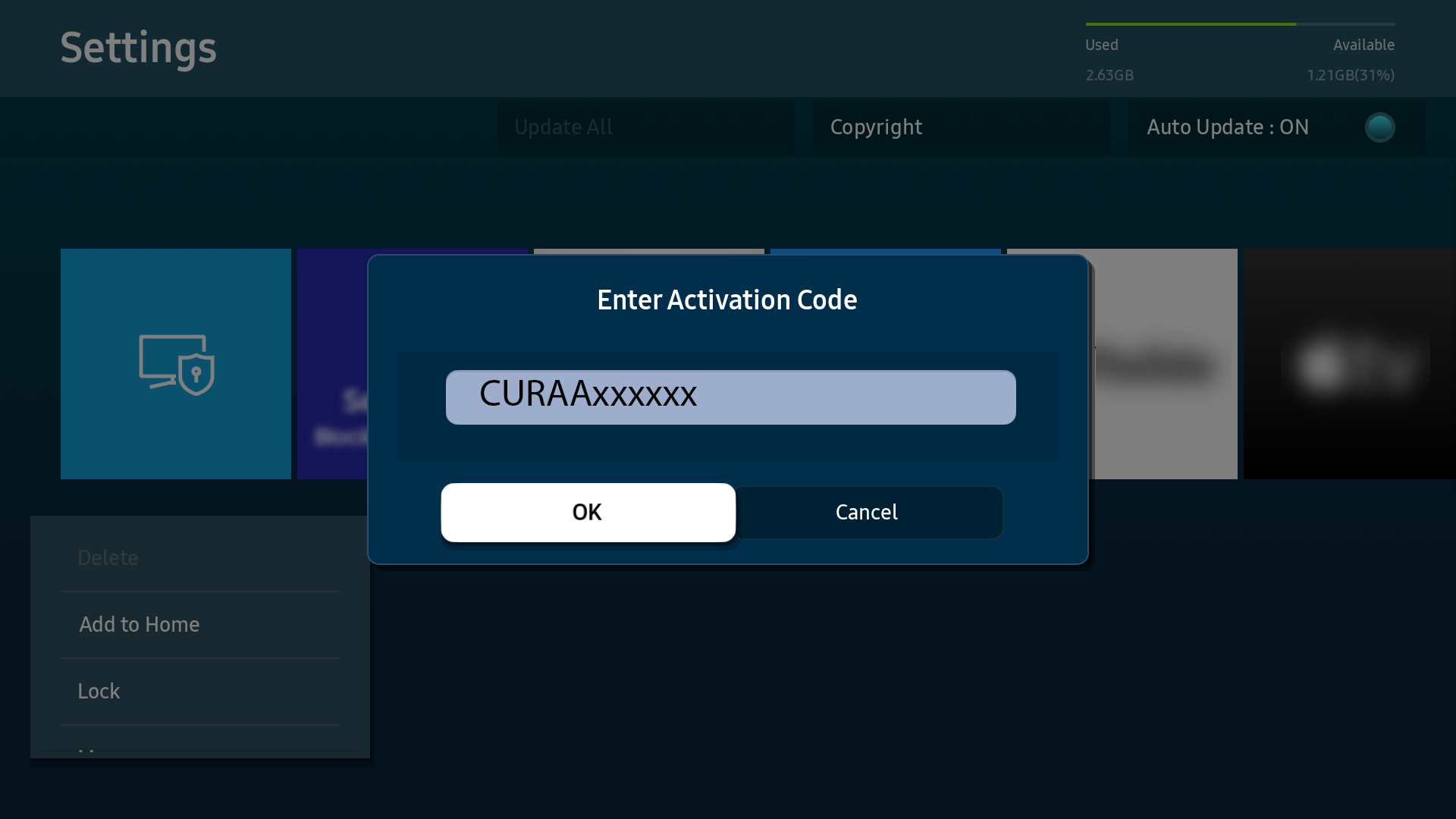 Samsung TV activation code entry screen showing CURA Display