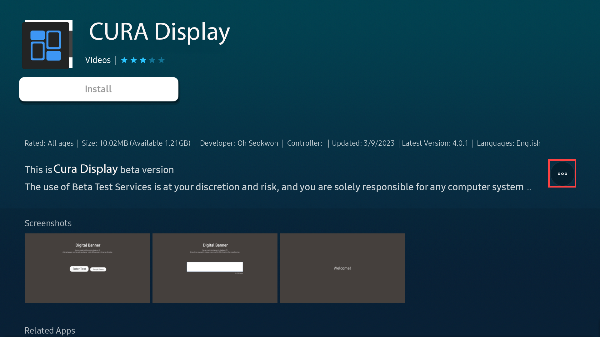 CURA Display beta page with Install disabled and more button highlighted