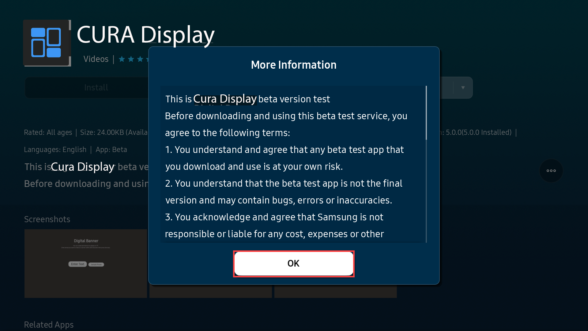 More Information popup showing beta test terms