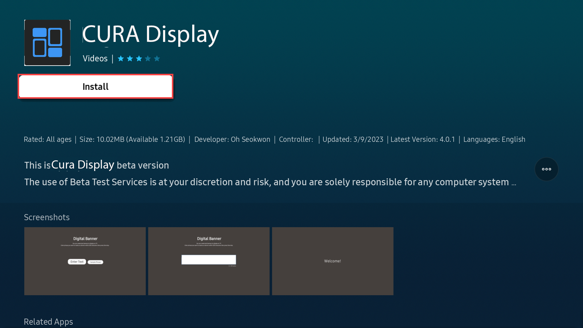 CURA Display beta page with Install button now enabled